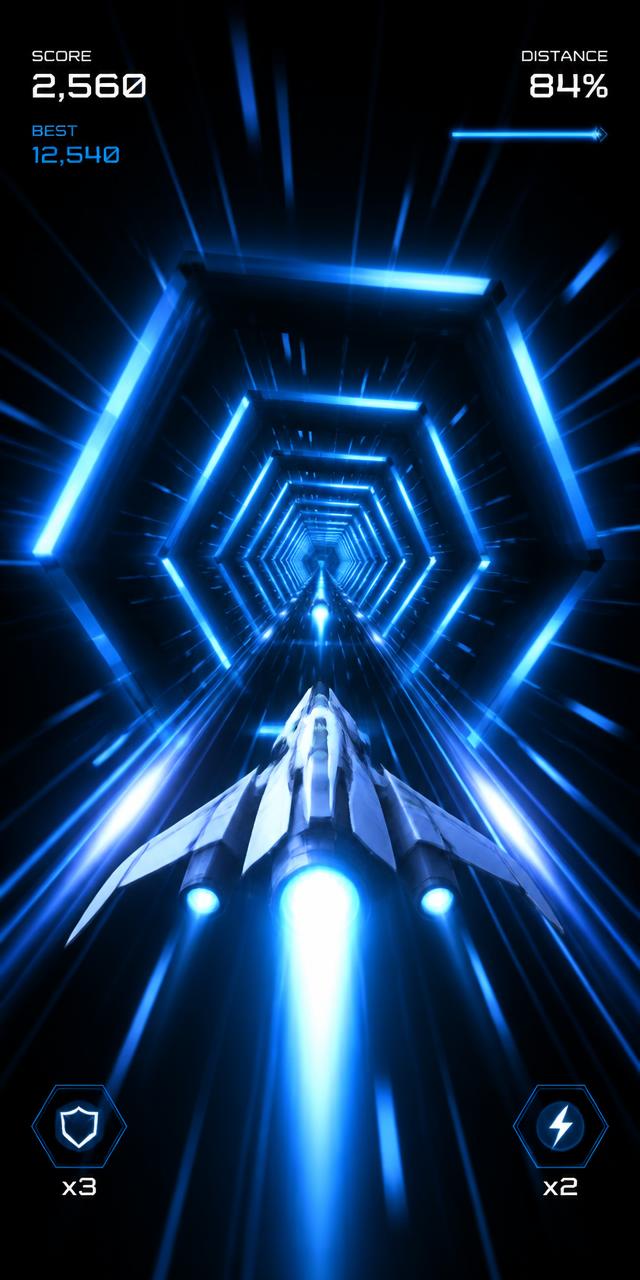 Uzeran gameplay: ship racing through a neon blue tunnel